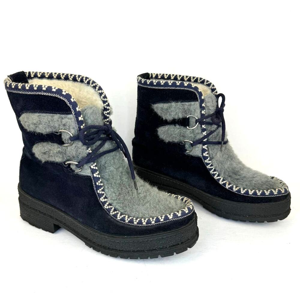 Blue & Gray Fur Lined & Detailed Suede Lace Up Ankle Snow Boots | Women's‎ 6